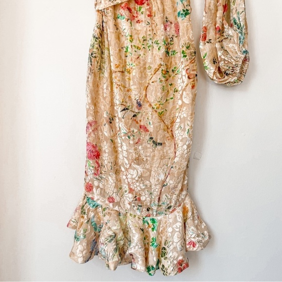 NWT HEMANT AND NANDITA Veena Midi Dress in Nude Floral Ruffle Velvet Sz Small - Picture 6 of 11